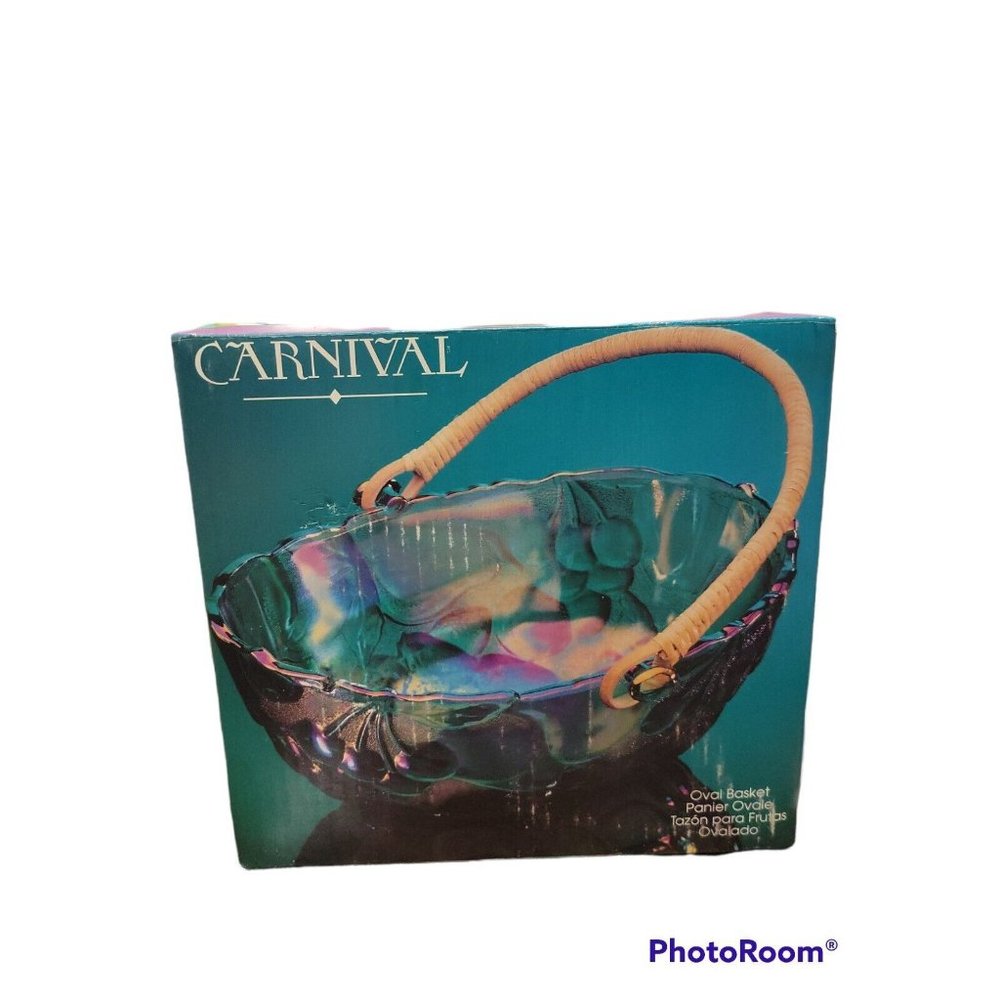 Carnival Glass Basket with Bamboo Handle - In Box!
